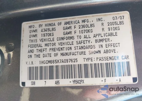 2007 Honda Accord 3.0 Ex z USA, uszkodzony, nr VIN 1HGCM665X7A097625